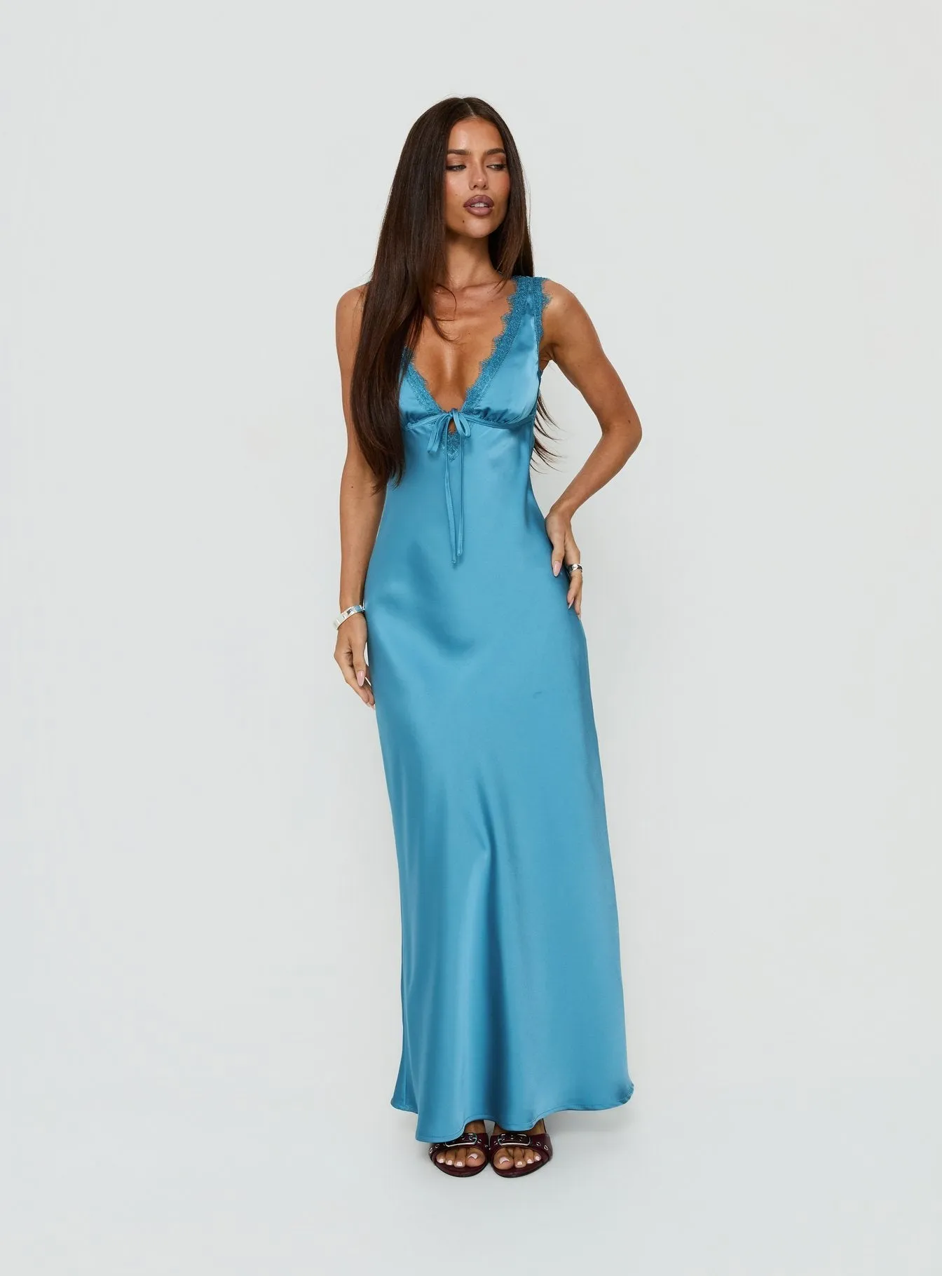 Damelia Tie Detail Lace Trim Maxi Dress Blue sold by Princess Polly product image thumbnail 2