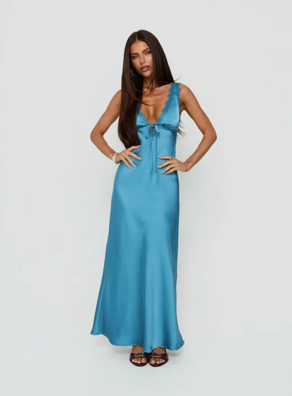 Damelia Tie Detail Lace Trim Maxi Dress Blue made by Princess Polly