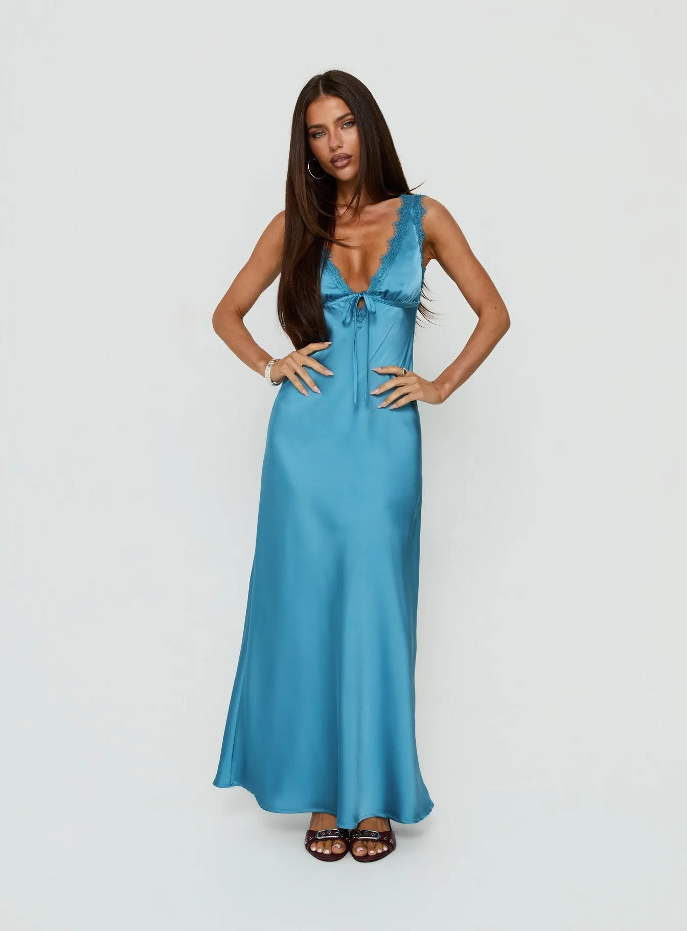 Damelia Tie Detail Lace Trim Maxi Dress Blue sold by Princess Polly