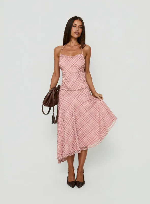 Waverlee Asymmetrical Midi Skirt Pink Check made by Princess Polly