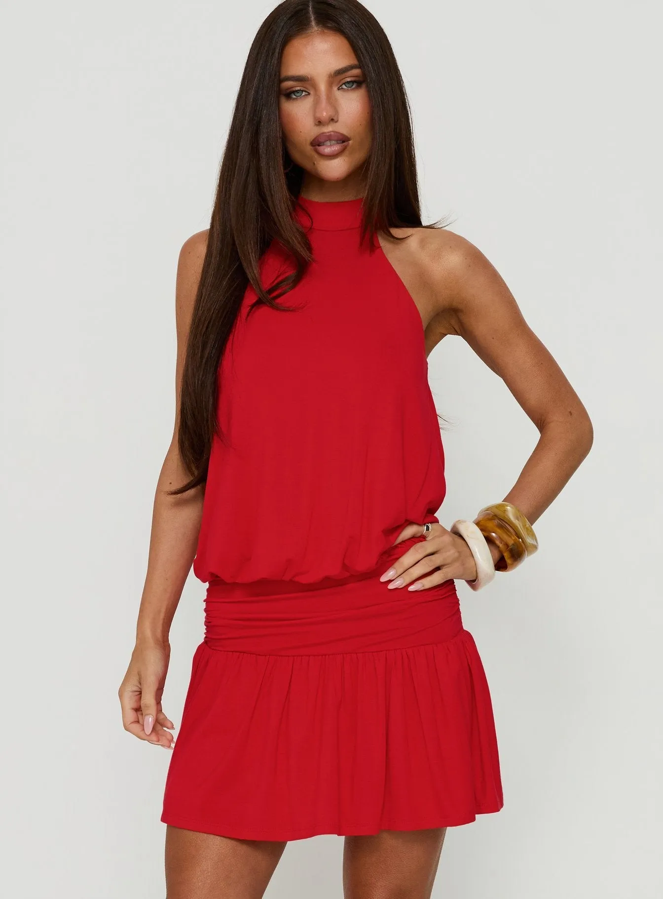 Lealeia Halter Slouch Mini Dress Red sold by Princess Polly