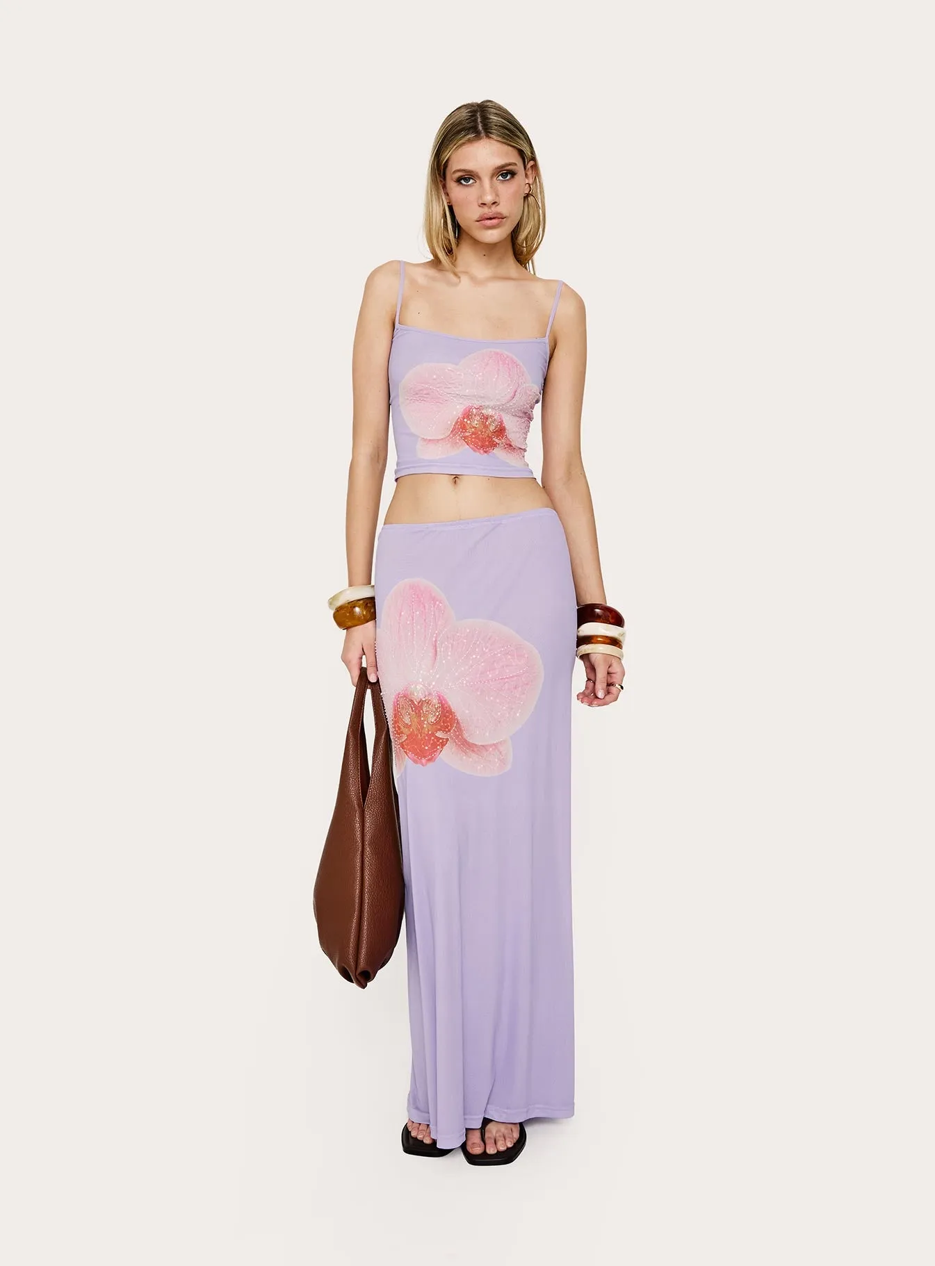 Golden Visions Maxi Skirt Purple Orchid sold by Princess Polly
