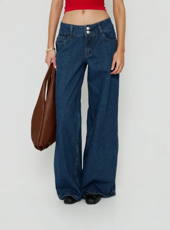 Ramos Low Rise Double Button Wide Leg Jeans Dark Indigo made by Princess Polly