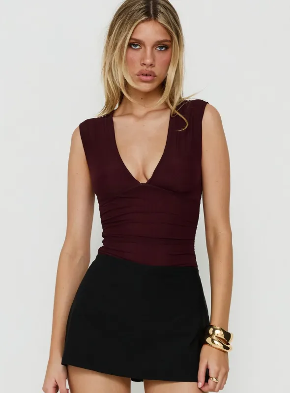 Samaria Plunge Neck Bodysuit Burgundy made by Princess Polly
