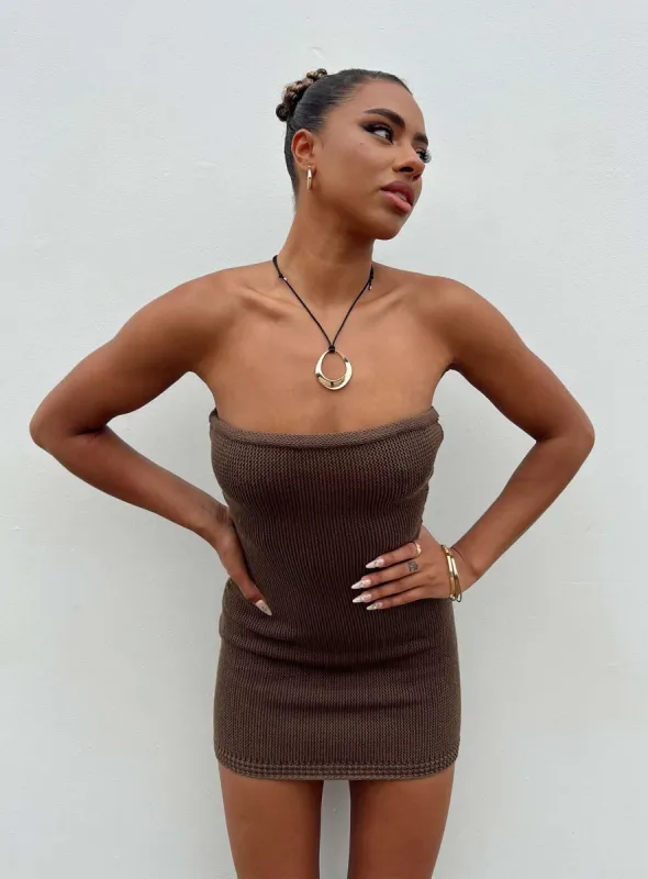 Flow Strapless Mini Dress Brown sold by Princess Polly