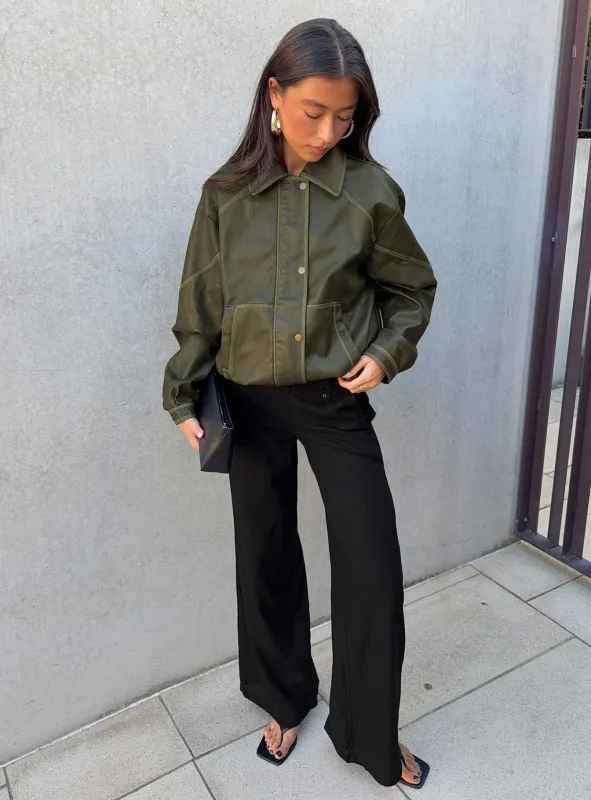 Jaxton Faux Leather Bomber Jacket Olive made by Princess Polly