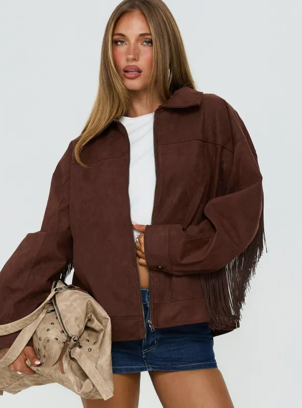 Goldsmith Faux Suede Tassel Bomber Jacket Chocolate made by Princess Polly