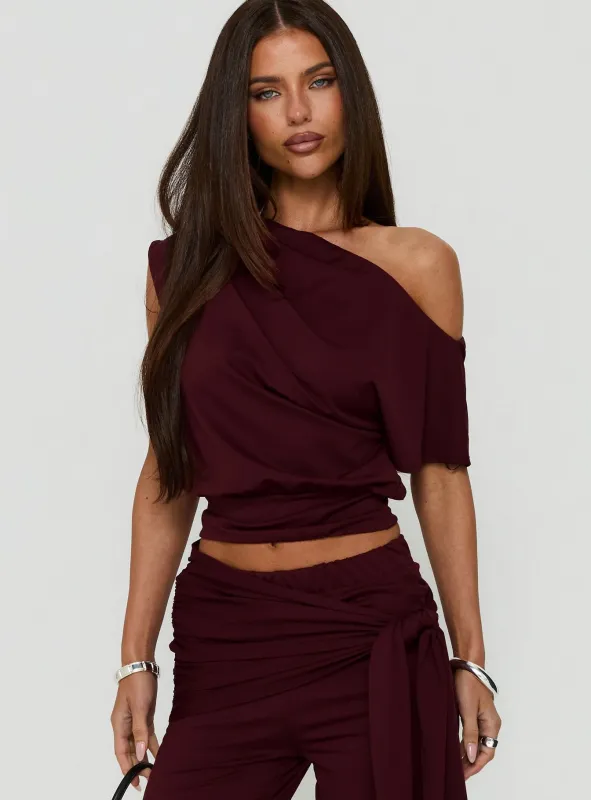 Hadlia Off Shoulder Top Burgundy made by Princess Polly