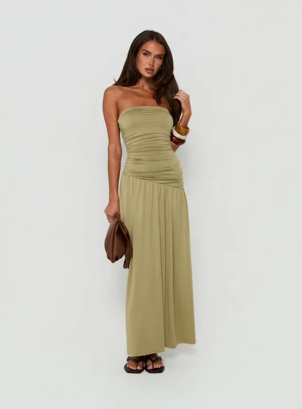 Isolina Strapless Ruched Maxi Dress Sage Green made by Princess Polly
