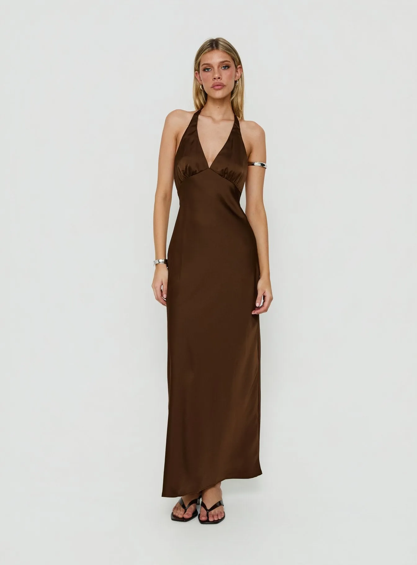 Adamaria Plunge Halter Lace Trim Maxi Dress Chocolate sold by Princess Polly product image thumbnail 2