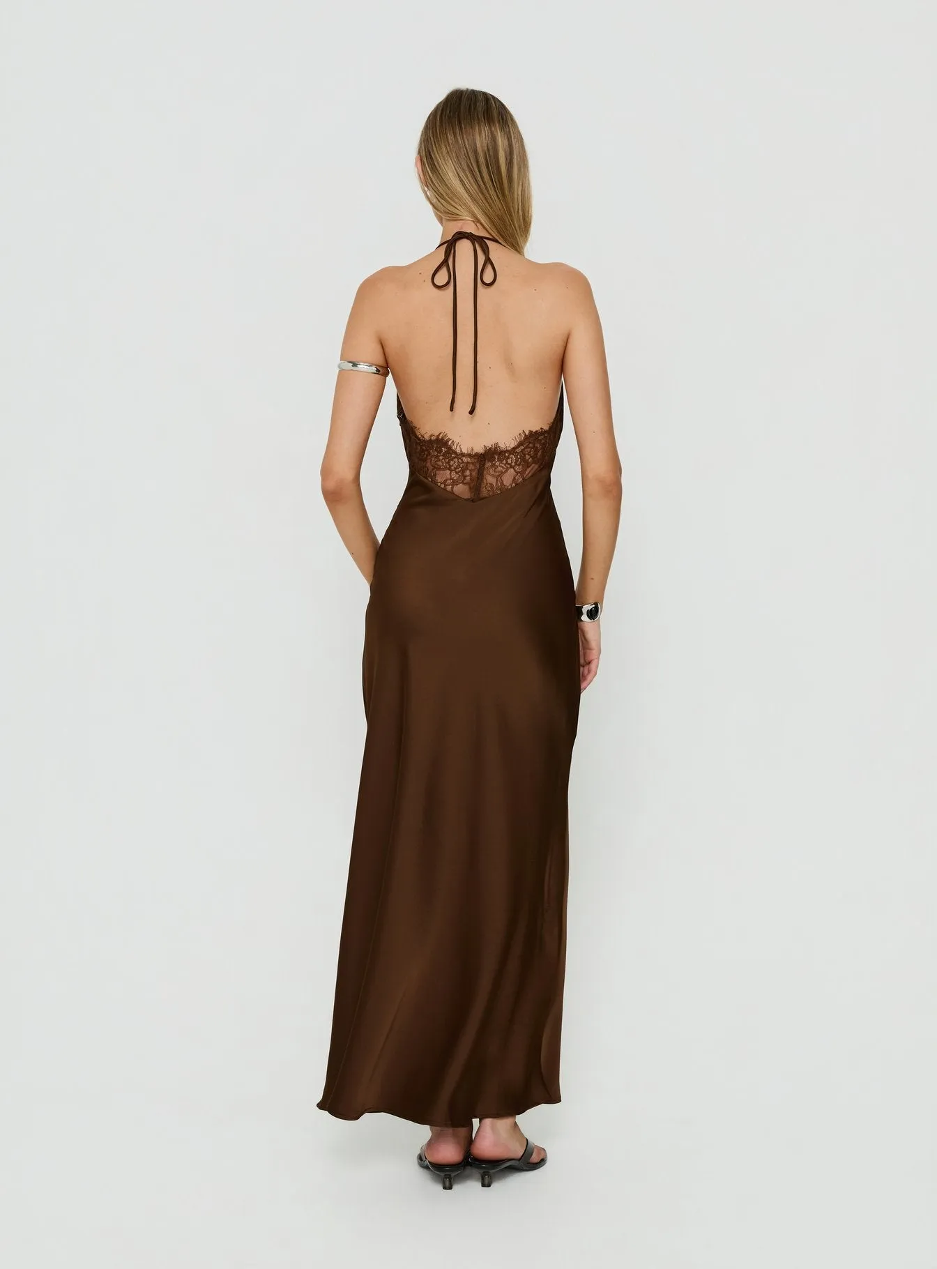 Adamaria Plunge Halter Lace Trim Maxi Dress Chocolate sold by Princess Polly product image thumbnail 4