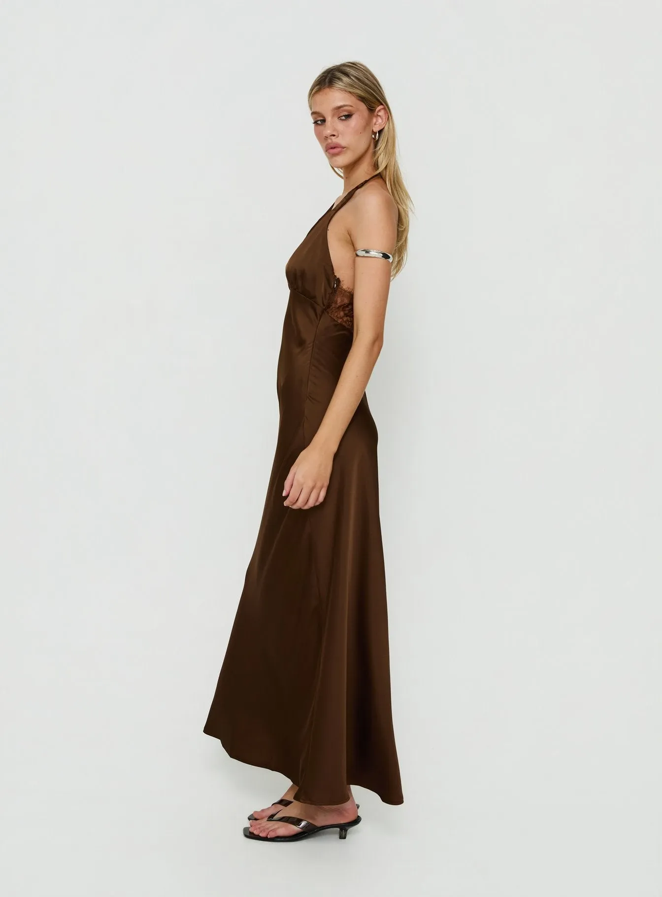 Adamaria Plunge Halter Lace Trim Maxi Dress Chocolate sold by Princess Polly product image thumbnail 3