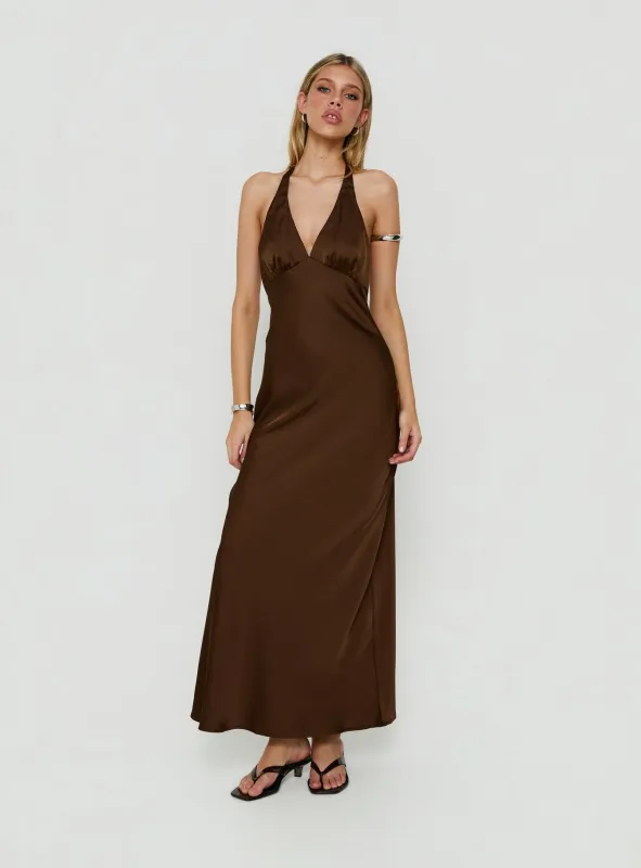 Adamaria Plunge Halter Lace Trim Maxi Dress Chocolate made by Princess Polly