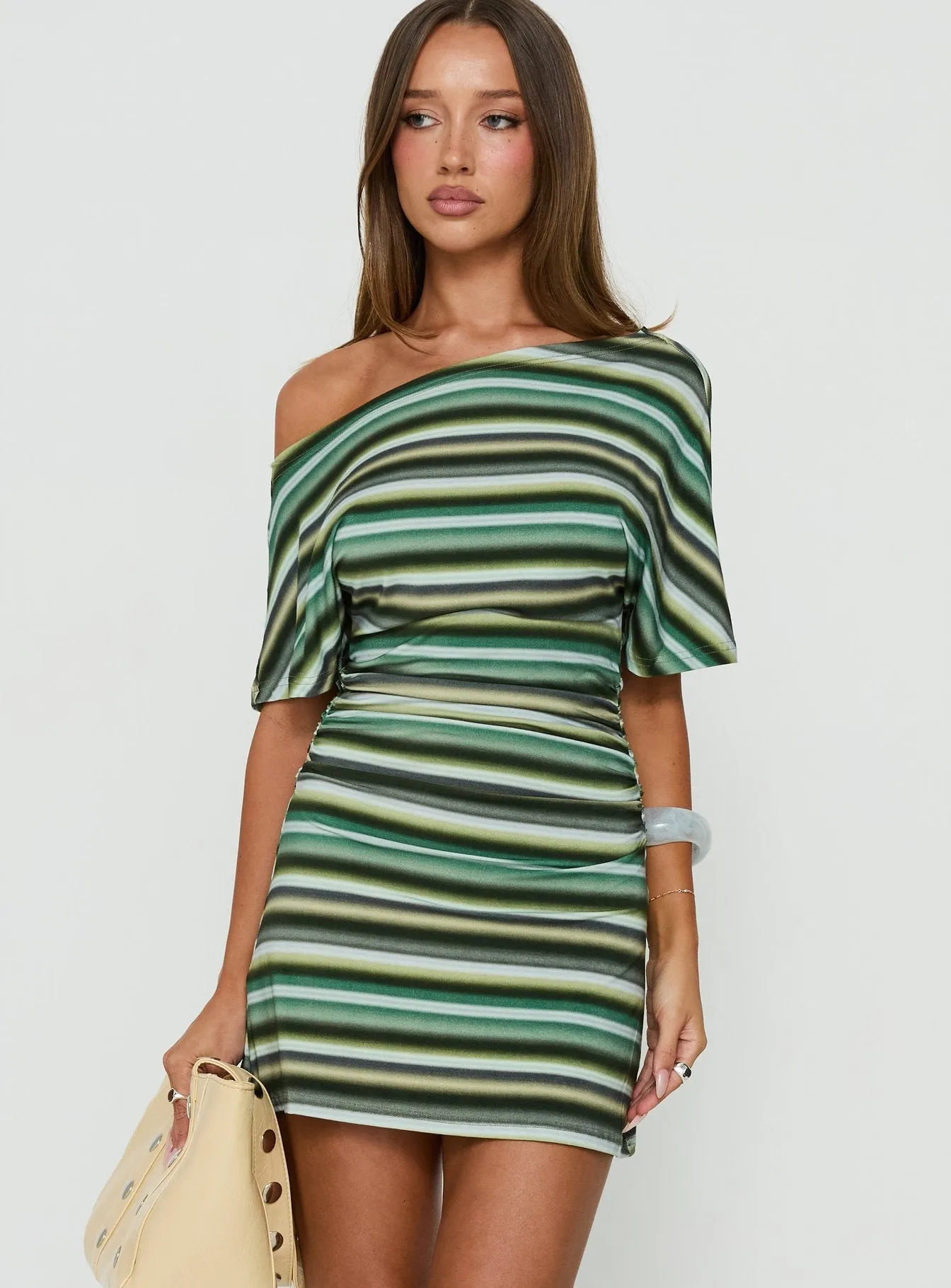 Mista Off Shoulder Asymmetrical Mini Dress Blue Multi Stripe sold by Princess Polly product image thumbnail 2
