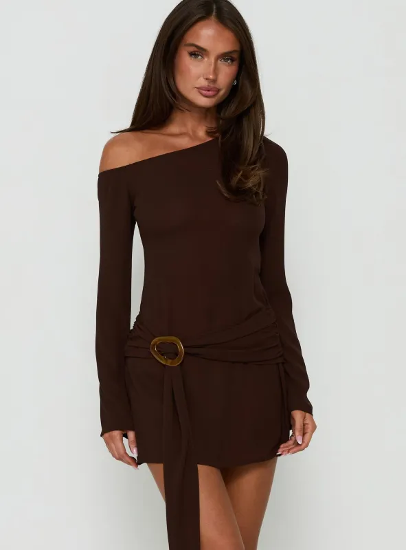 Still Spinning One Shoulder Belted Mini Dress Brown made by Princess Polly