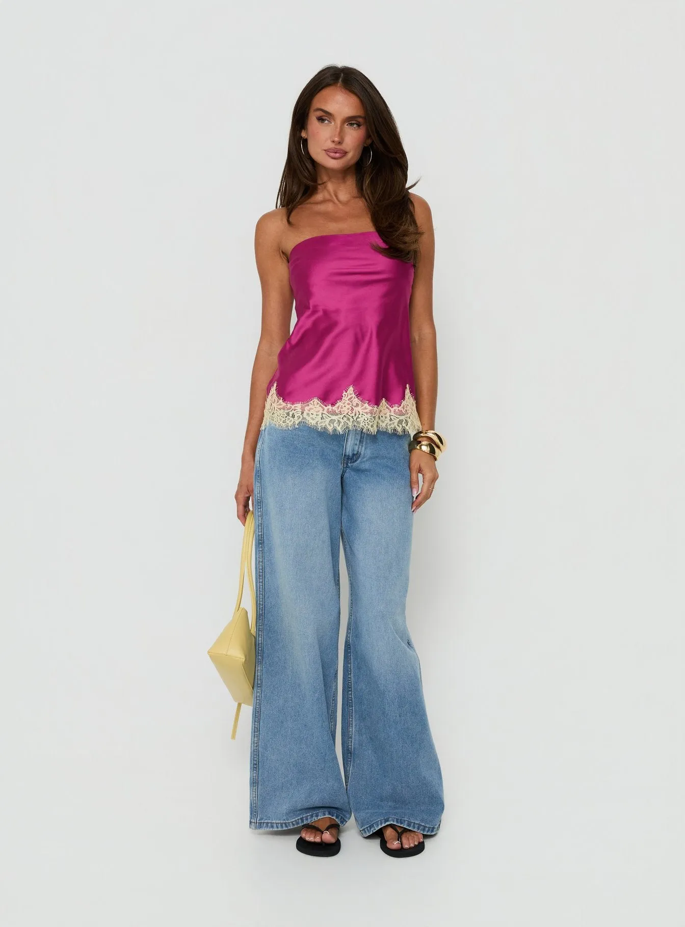 Fiorelle Strapless Lace Trim Satin Top Berry / Lemon sold by Princess Polly product image thumbnail 3