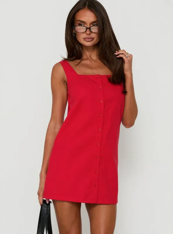 Tassia Square Neck Button Front Mini Dress Red made by Princess Polly