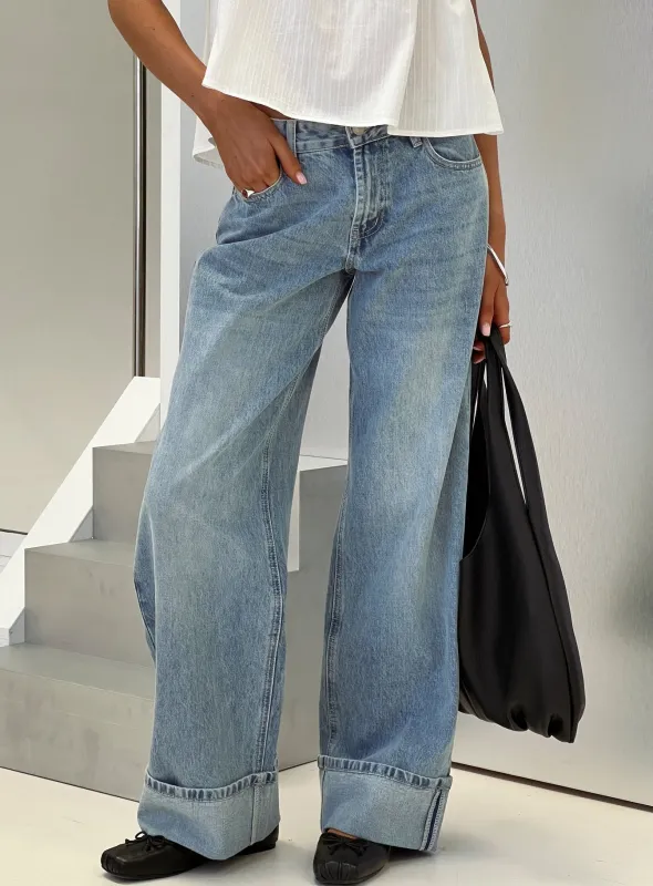Serenitia Mid Rise Relaxed Cuff Jeans Light Vintage Wash made by Princess Polly