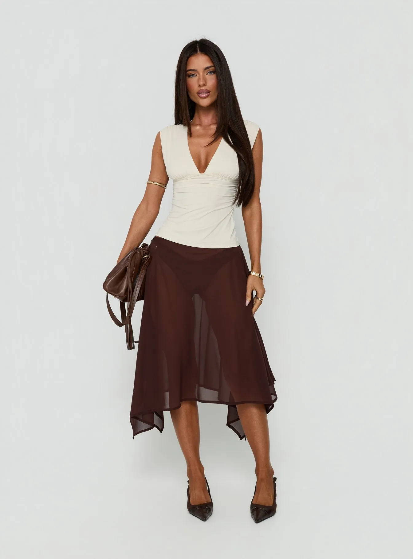 Asali Asymmetrical Midi Skirt Chocolate sold by Princess Polly
