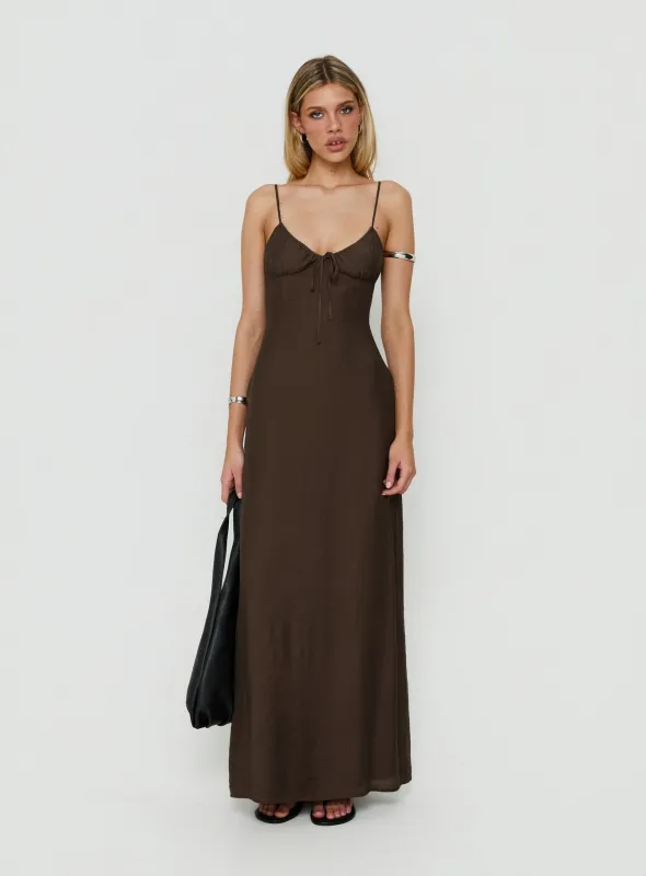 Odalia Tie Detail Maxi Dress Chocolate made by Princess Polly