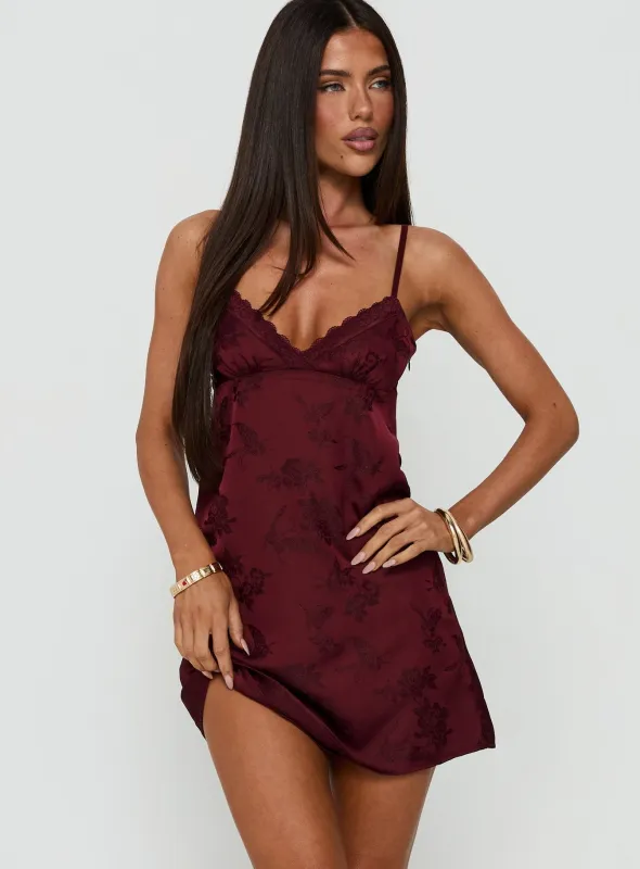 Had Me At Hello Lace Trim Mini Dress Burgundy made by Princess Polly