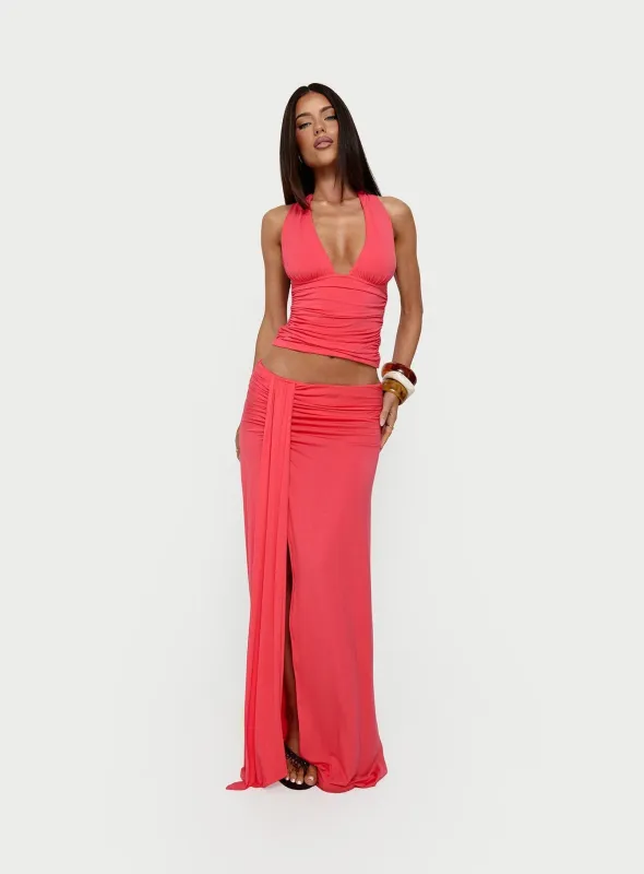 Keerah Ruched Maxi Skirt Guava made by Princess Polly