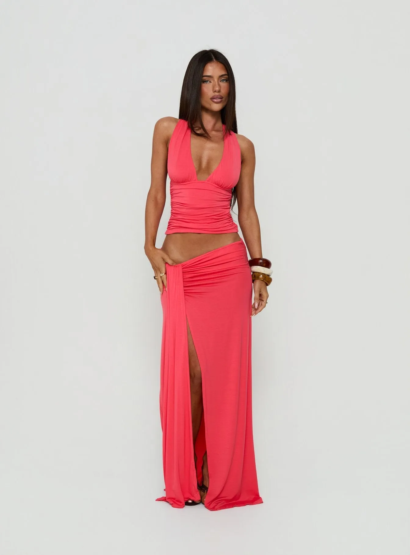 Keerah Ruched Maxi Skirt Guava sold by Princess Polly product image thumbnail 2
