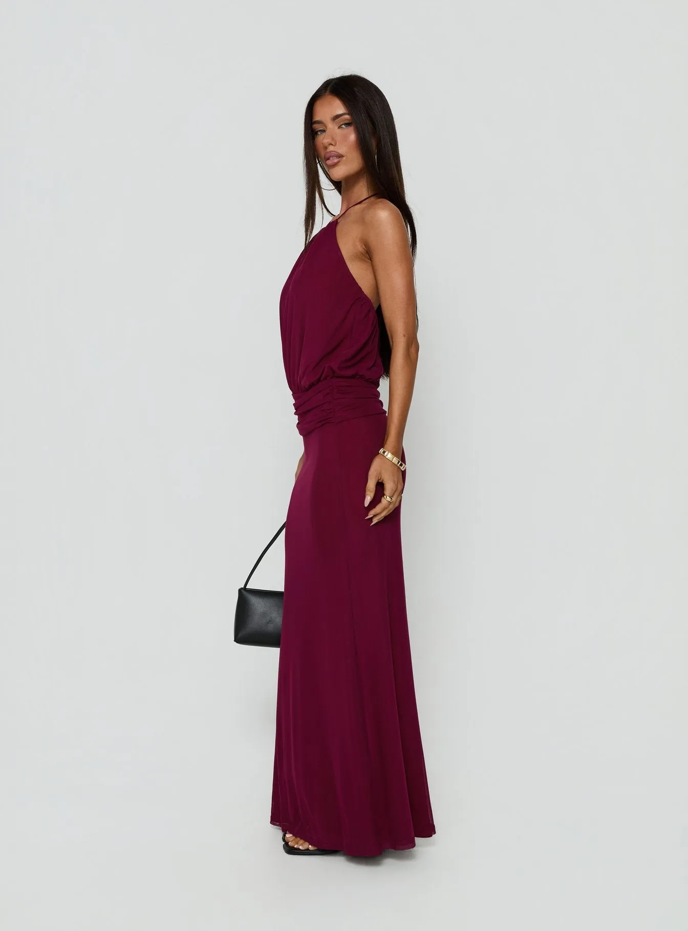 Casperina Ruched Halter Maxi Dress Berry sold by Princess Polly product image thumbnail 3