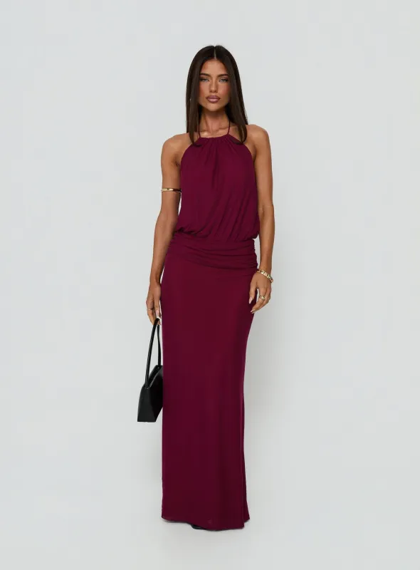 Casperina Ruched Halter Maxi Dress Berry made by Princess Polly