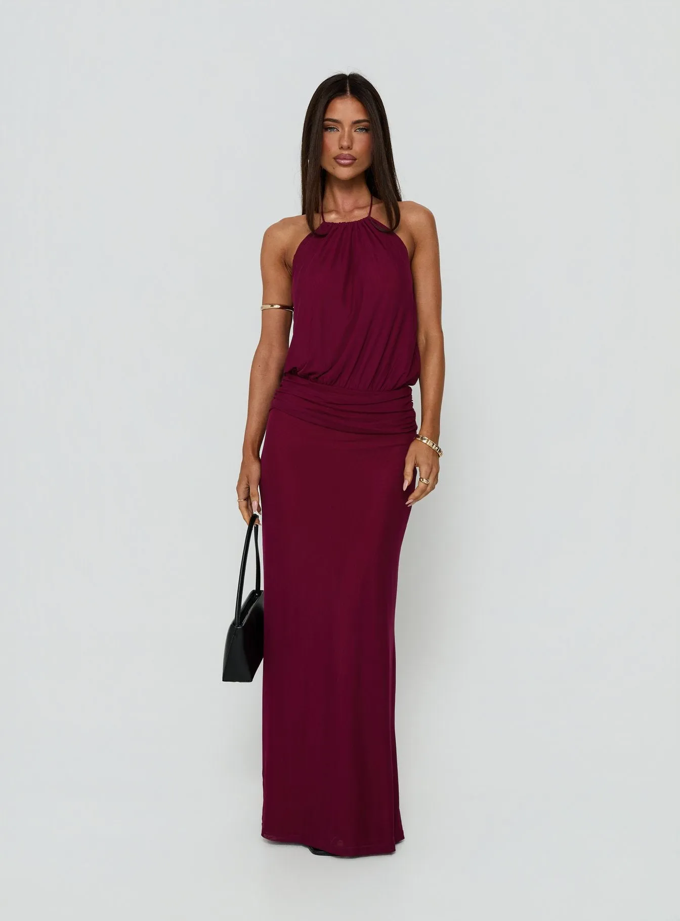 Casperina Ruched Halter Maxi Dress Berry sold by Princess Polly