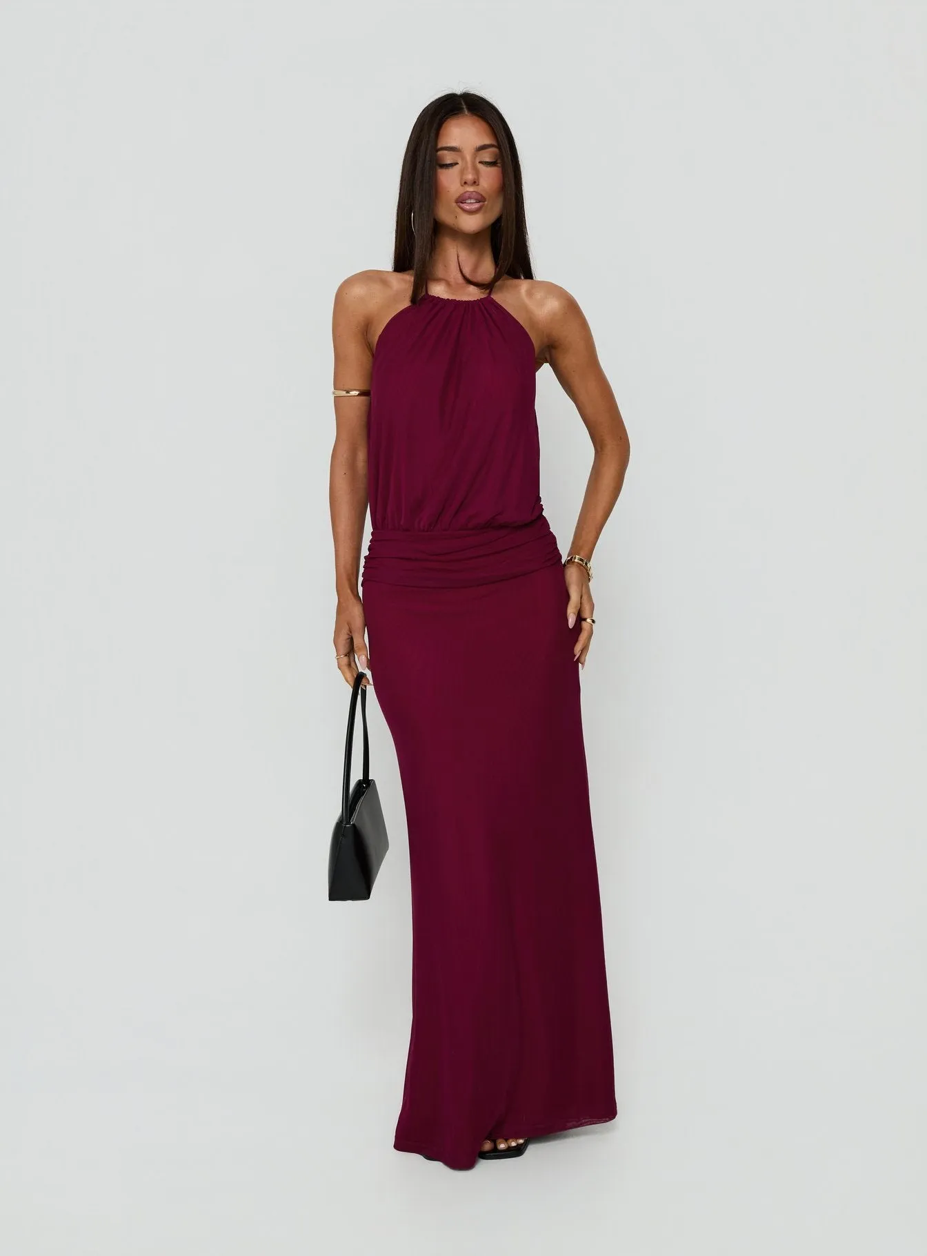 Casperina Ruched Halter Maxi Dress Berry sold by Princess Polly product image thumbnail 2