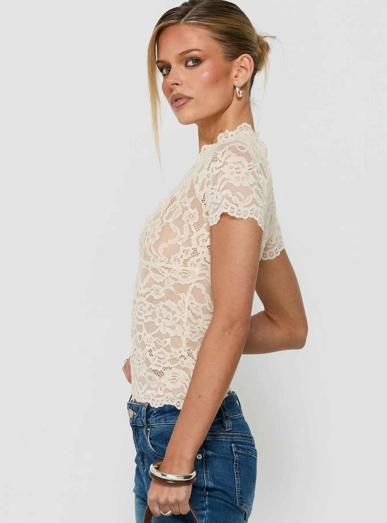 Quinbie Lace Short Sleeve Top Cream sold by Princess Polly product image thumbnail 4