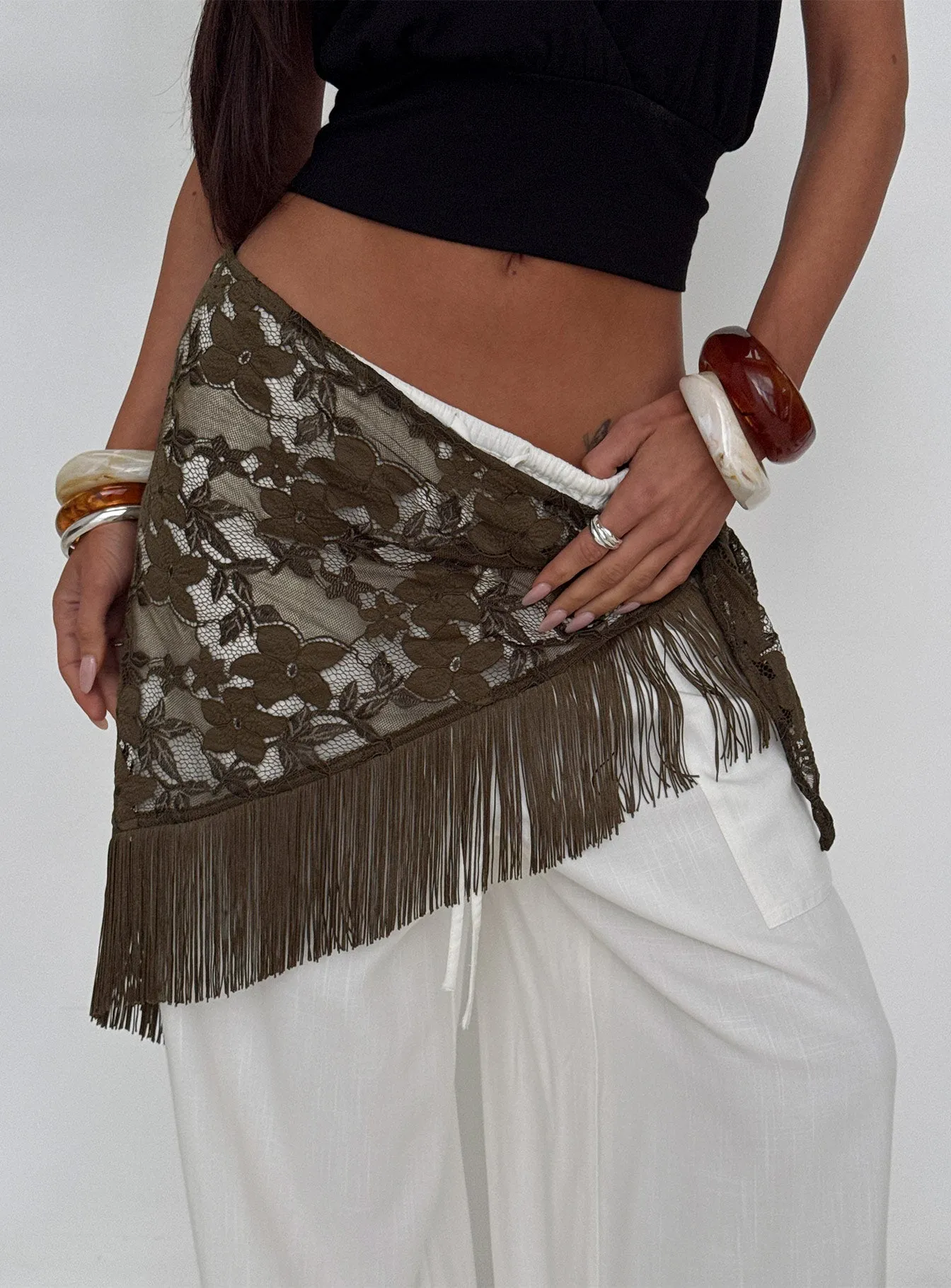 Elizebeth Tie Waist Tassel Belt Khaki sold by Princess Polly