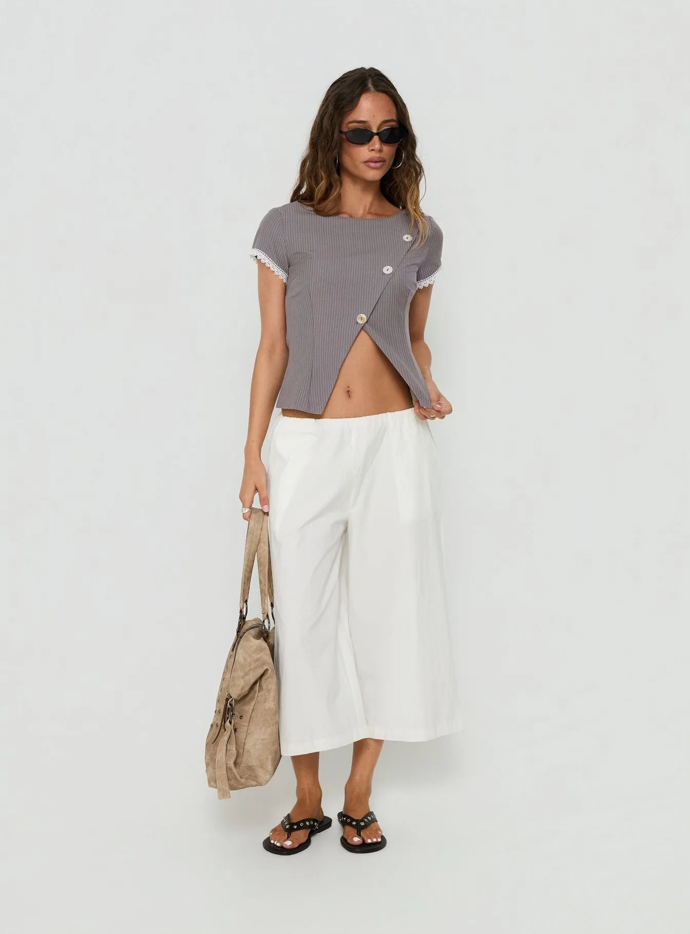 Margherite Asymmetrical Button Detail Short Sleeve Top Grey Stripe sold by Princess Polly product image thumbnail 3