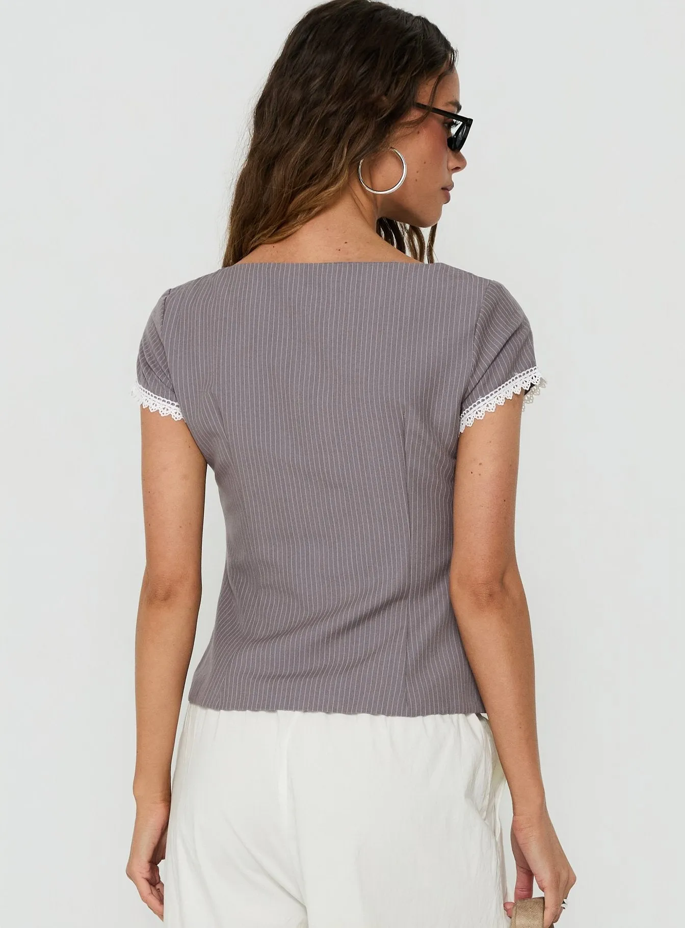 Margherite Asymmetrical Button Detail Short Sleeve Top Grey Stripe sold by Princess Polly product image thumbnail 5