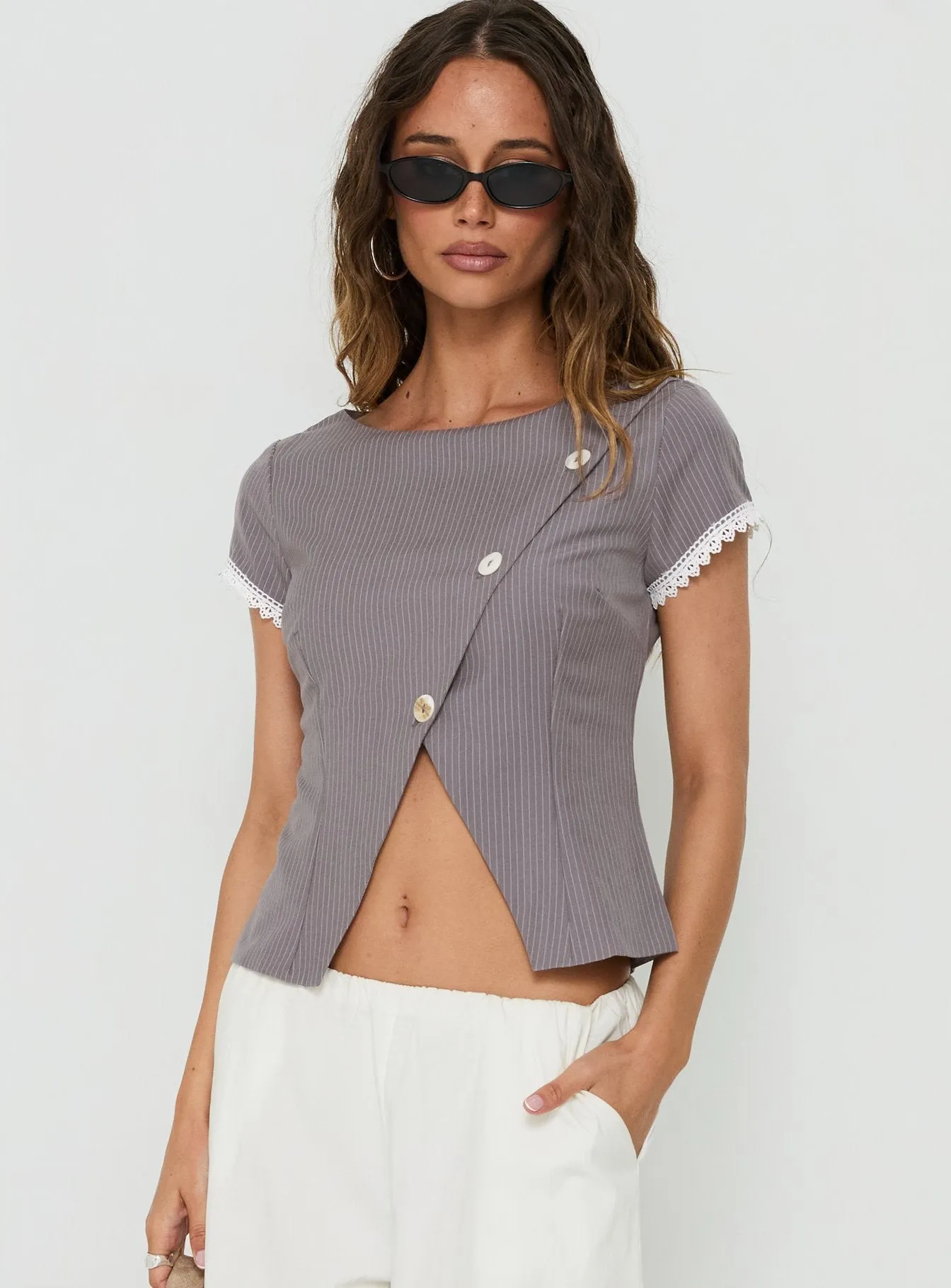 Margherite Asymmetrical Button Detail Short Sleeve Top Grey Stripe sold by Princess Polly product image thumbnail 2