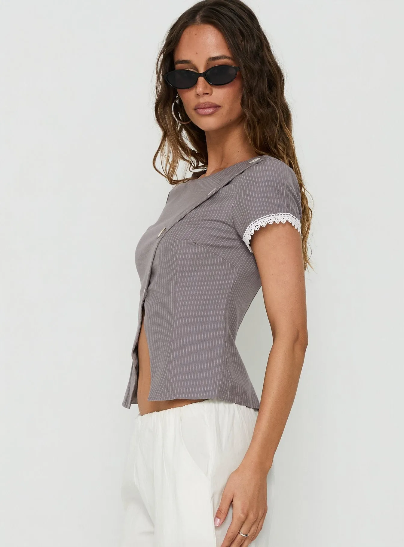 Margherite Asymmetrical Button Detail Short Sleeve Top Grey Stripe sold by Princess Polly product image thumbnail 4