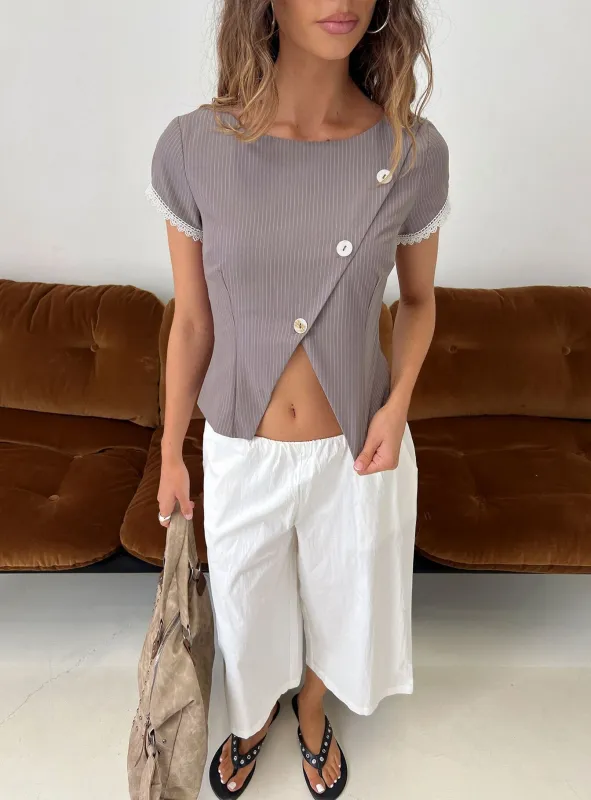 Margherite Asymmetrical Button Detail Short Sleeve Top Grey Stripe made by Princess Polly