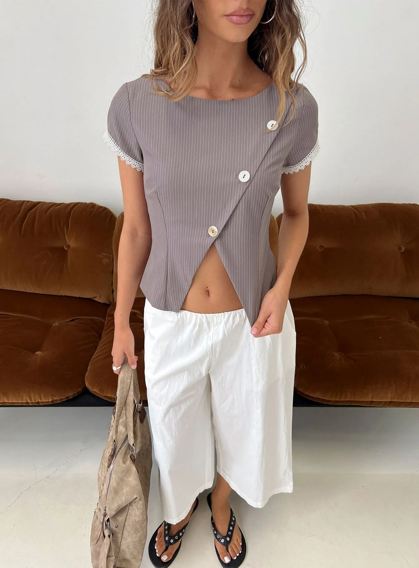 Margherite Asymmetrical Button Detail Short Sleeve Top Grey Stripe sold by Princess Polly