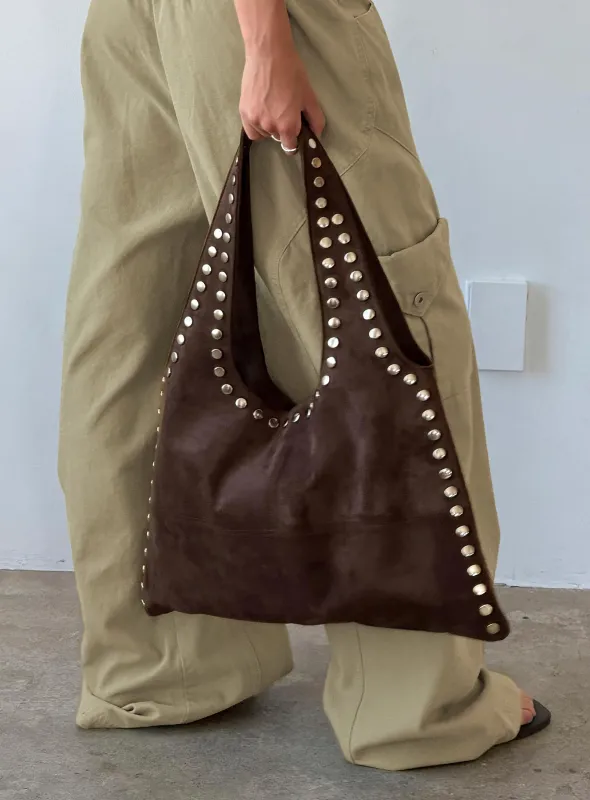 Tell The Truth Studded Faux Suede Bag Chocolate made by Princess Polly