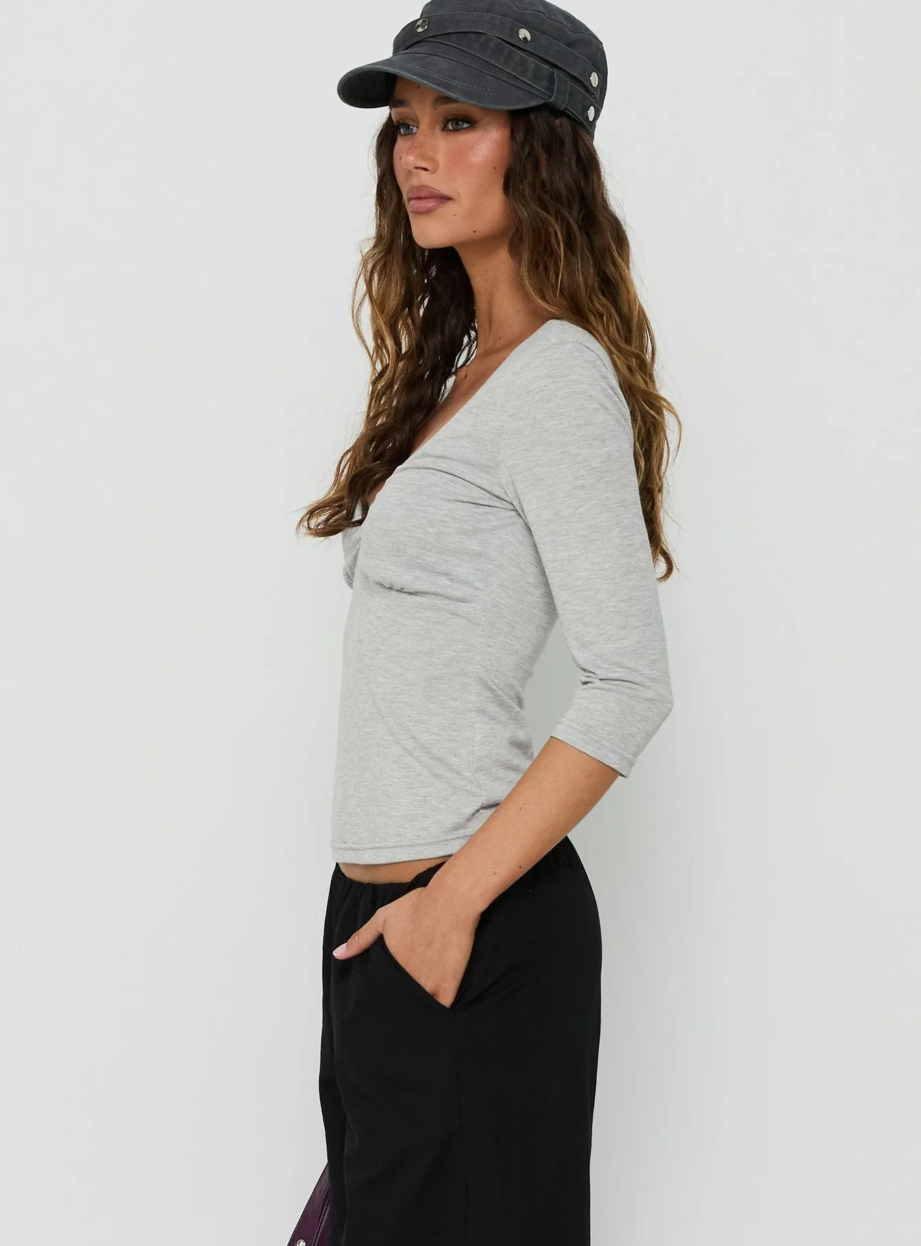 Back To Friends V Neck 3/4 Sleeve Top Grey Marle sold by Princess Polly product image thumbnail 4