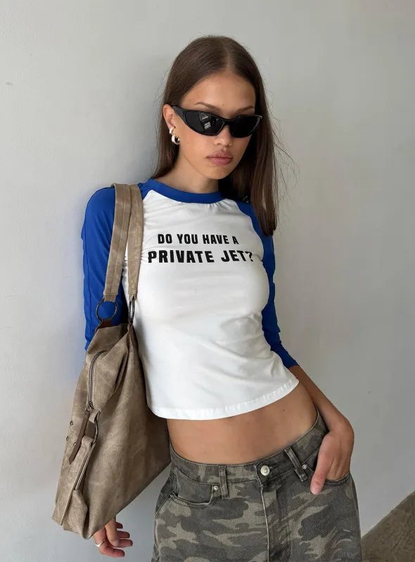 Jet Style Long Sleeve Graphic Raglan Top Blue / White made by Princess Polly