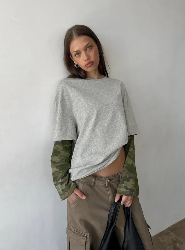 Ryann Long Sleeve Layered Top Grey / Camo made by Princess Polly
