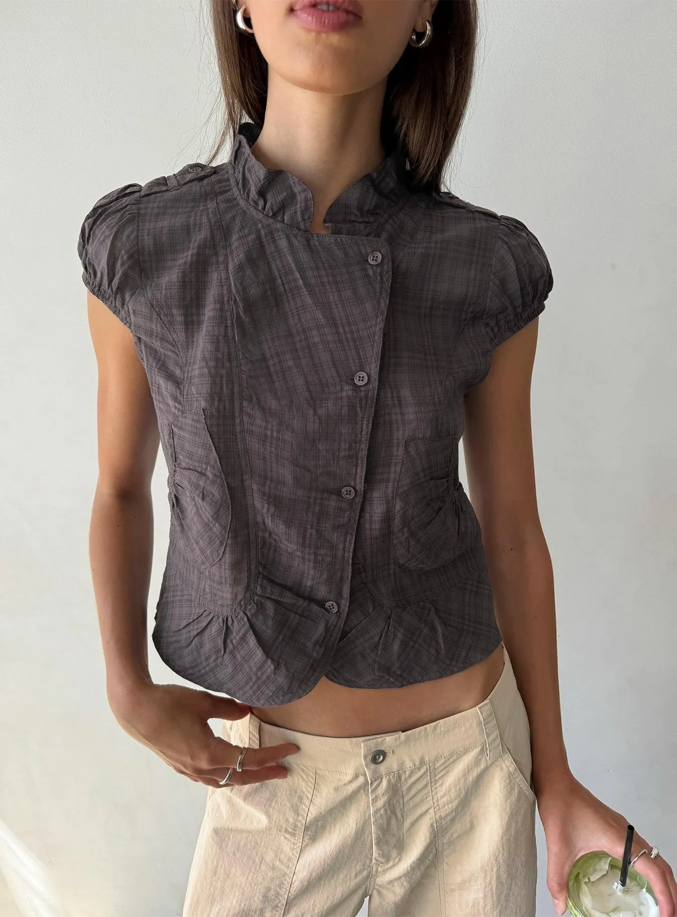 Aryalda Cap Sleeve Blouse Top Multi Check sold by Princess Polly