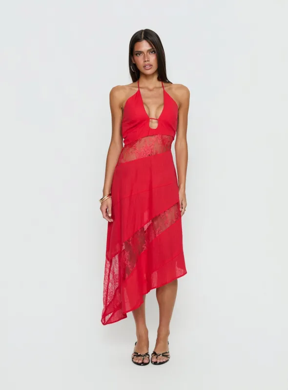 Down With Love Asymmetrical Midi Dress Red made by Princess Polly