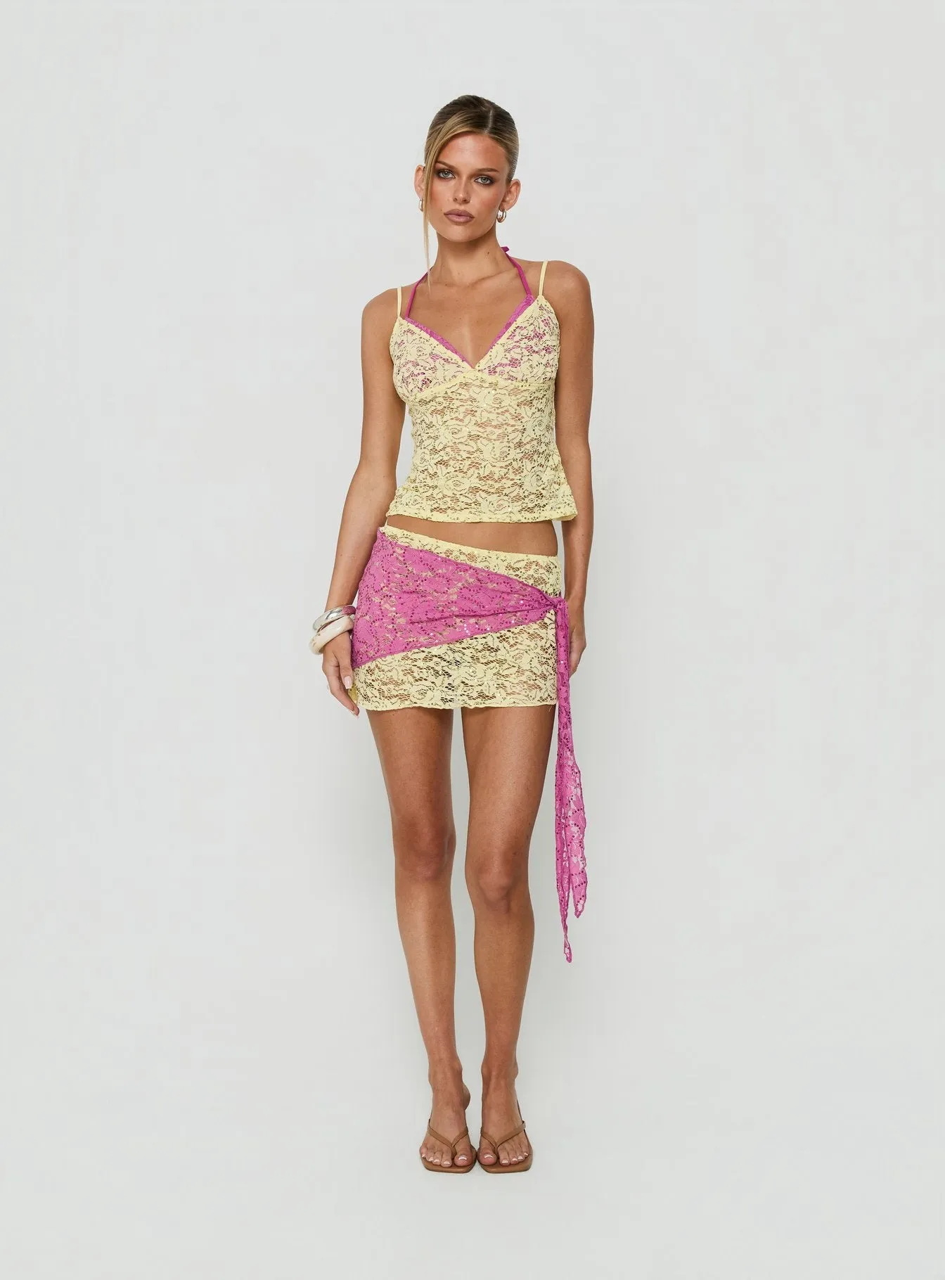 Sirna Lace Wrap Contrast Mini Skirt Lime / Pink sold by Princess Polly product image thumbnail 3
