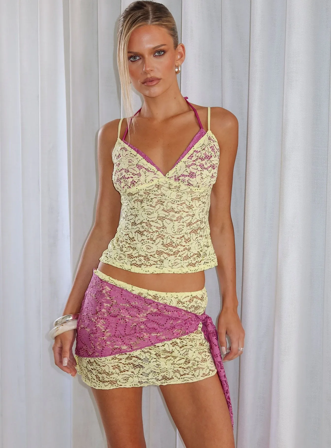 Sirna Lace Wrap Contrast Mini Skirt Lime / Pink sold by Princess Polly