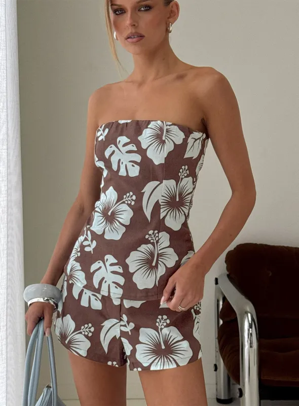 Kallee Strapless Top Brown / Blue Floral made by Princess Polly
