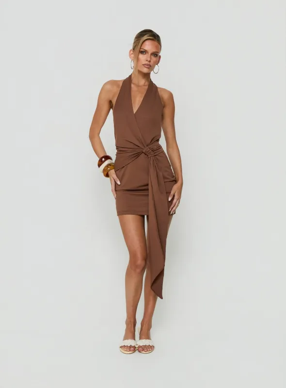 Amiamora Plunge Halter Scarf Mini Dress Brown made by Princess Polly