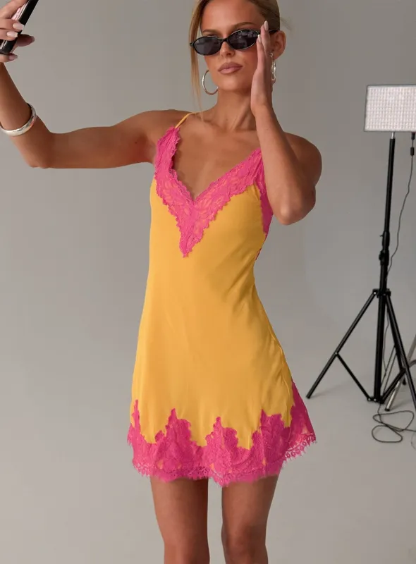 Call My Lover Lace Slip Mini Dress Gold / Fuchsia made by Princess Polly